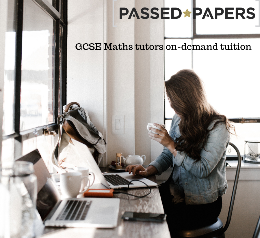 GCSE Maths tutors on-demand tuition. Woman at laptop drinking tea.