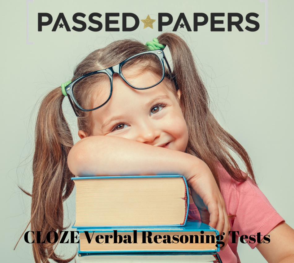 CLOZE Verbal Reasoning Tests. Girl with glasses on her head resting her arms on a stack of books
