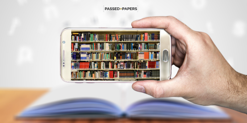 Online learning platform picture of library on mobile phone