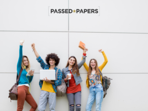 London practice tests Young students with papers in the air