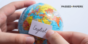 Globe with piece of paper saying 'English' for Cambridge English Guide